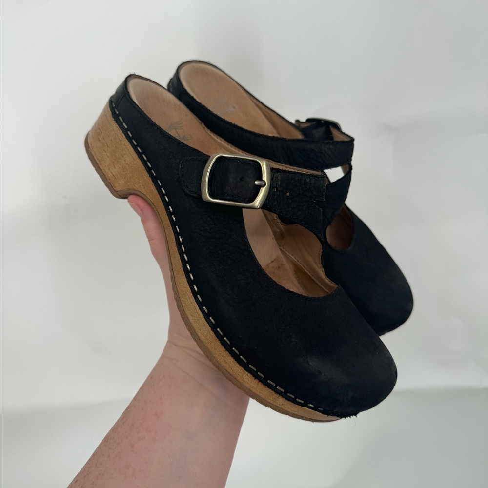 Dansko Leather Black Brittany Slip On Mary Jane Flawed Women 7 Buckle Clog Mule